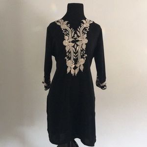 Embroidered v-neck black silky tunic